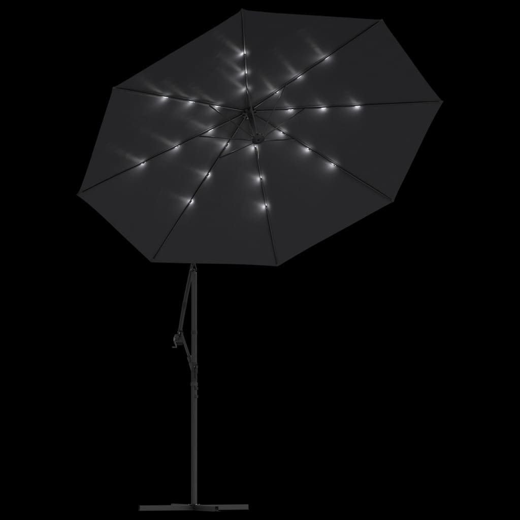 Gembinis skėtis su LED ir plieniniu stulpu, juodas, 300cm