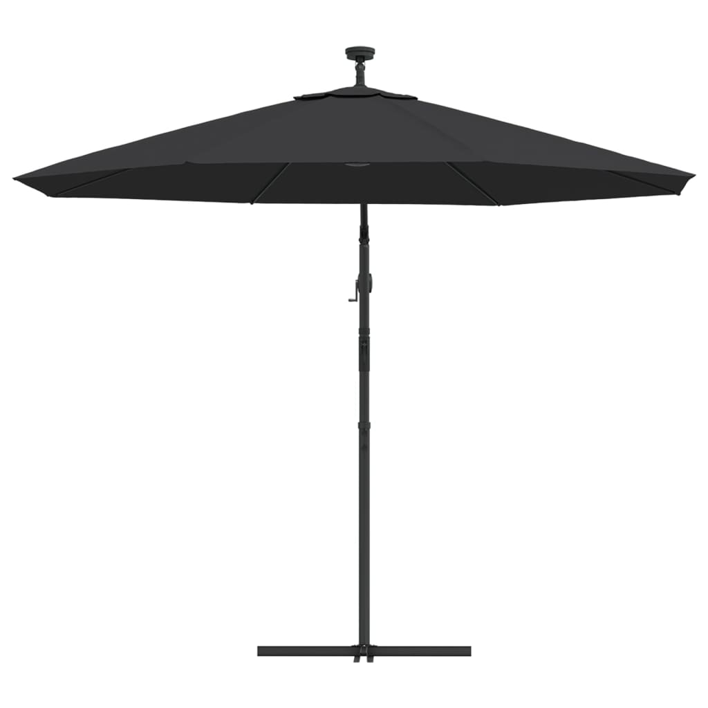Gembinis skėtis su LED ir plieniniu stulpu, juodas, 300cm