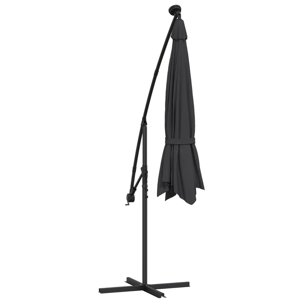 Gembinis skėtis su LED ir plieniniu stulpu, juodas, 300cm