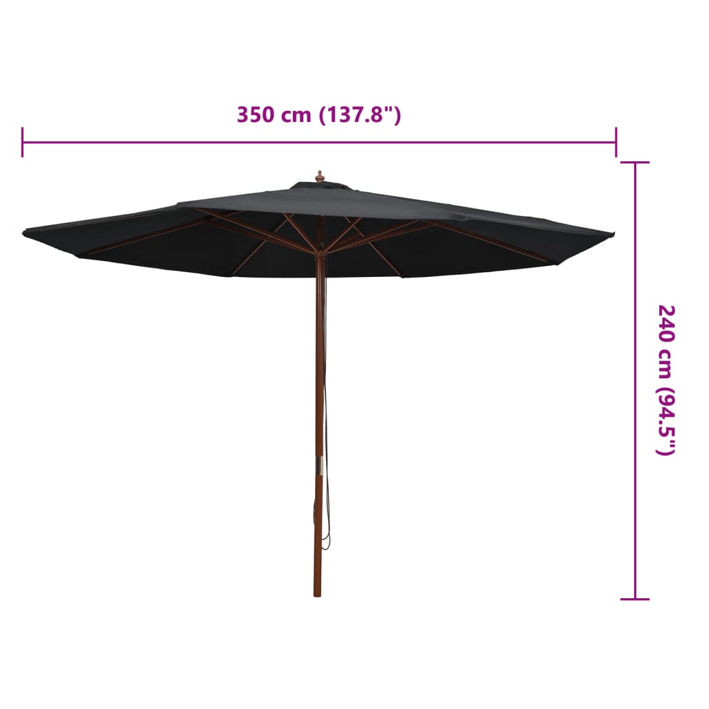 Lauko skėtis nuo saulės su mediniu stulpu, juodas, 350cm