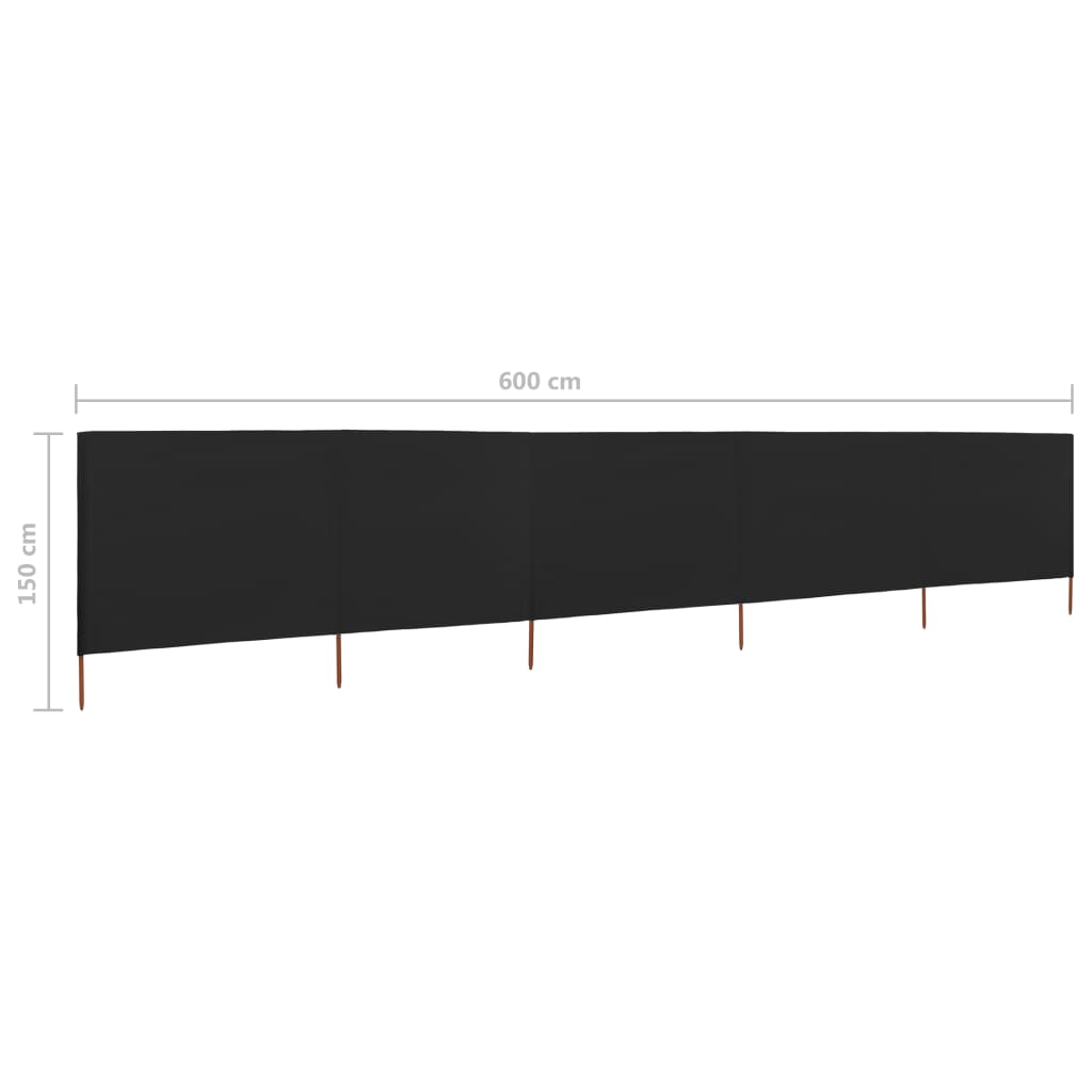 Vēja aizsargs, 5 paneļi, melns, 600x120cm, audums