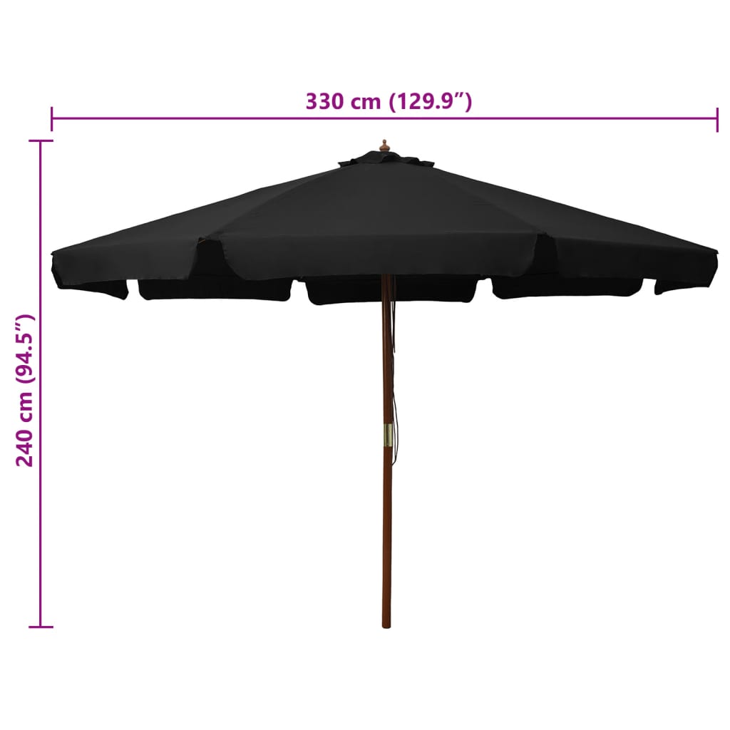 Lauko skėtis nuo saulės su mediniu stulpu, juodas, 330cm