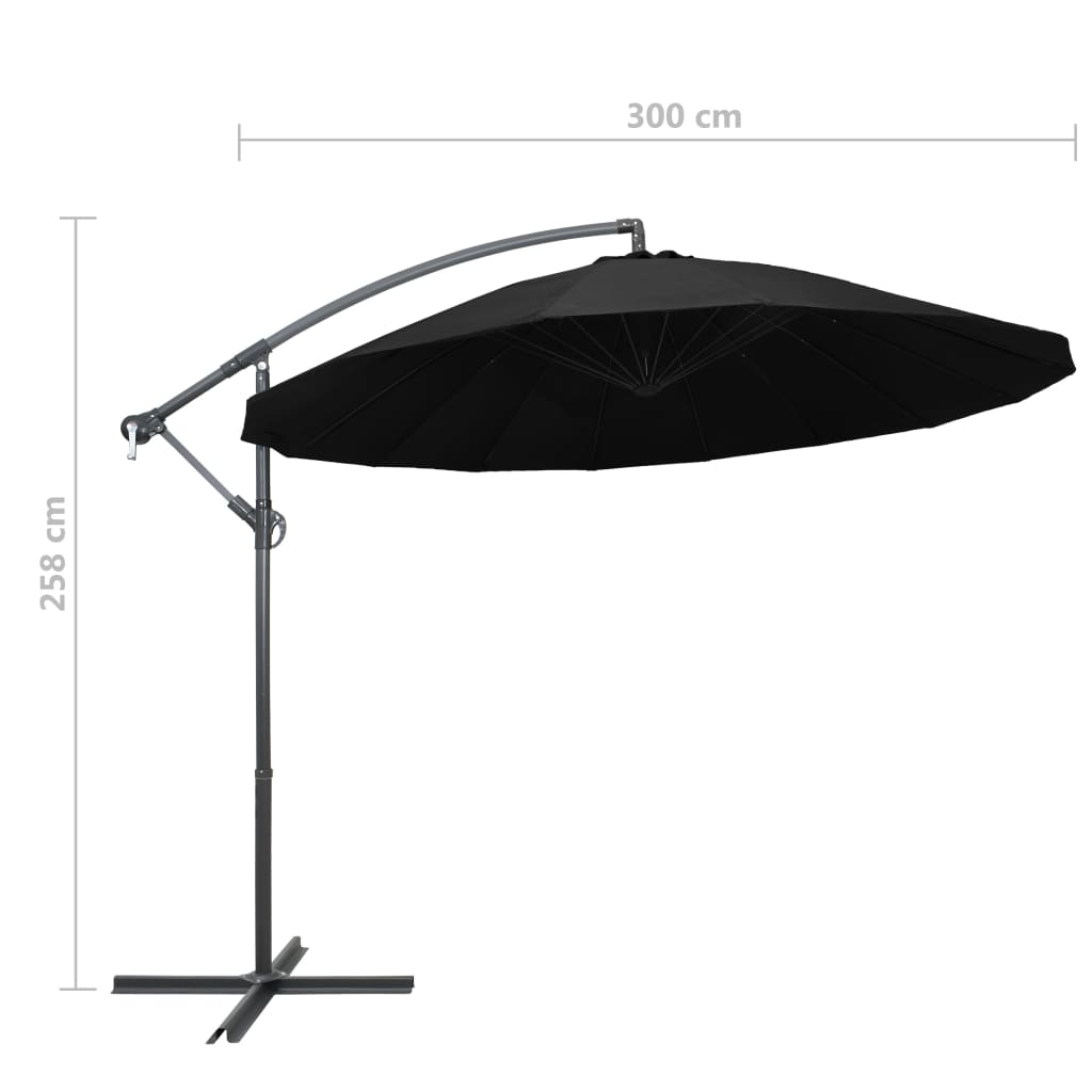 Kabantis skėtis nuo saulės, juodas, 3m, aliuminio stulpas