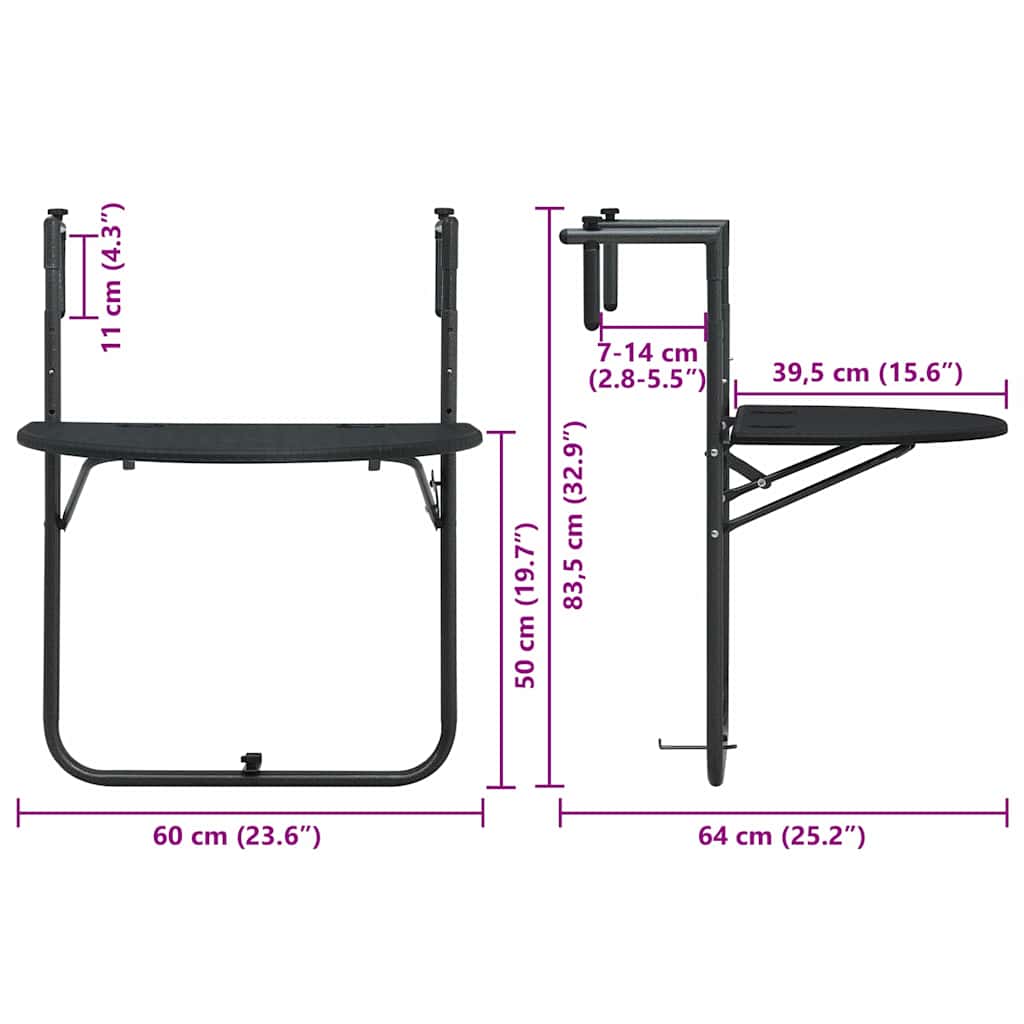 Piekaramais balkona galds, melns, 60x64x83,5cm, plastmasa