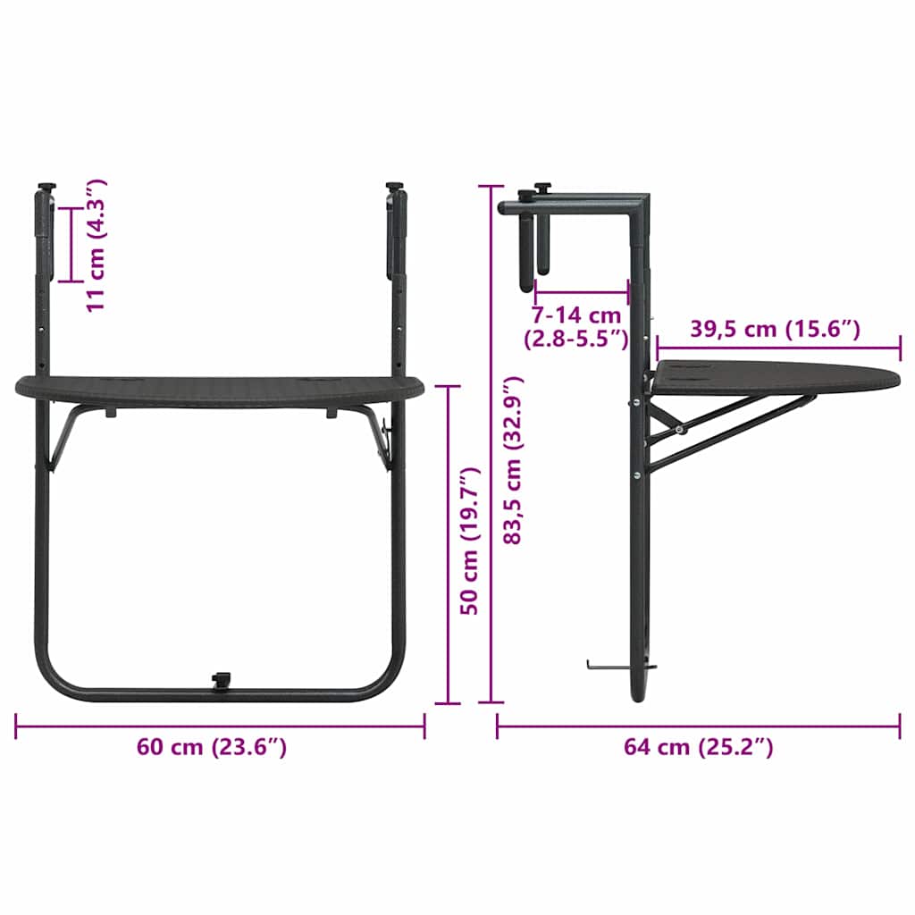 Pakabinamas balkono stalas, rudas, 60x64x83,5cm, plastikas