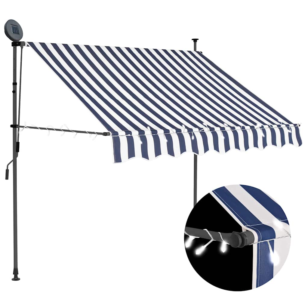 Retractable manual awning with LED, blue and white, 150cm