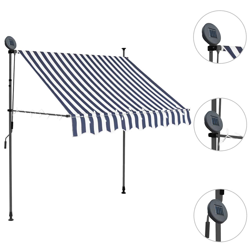 Retractable manual awning with LED, blue and white, 150cm