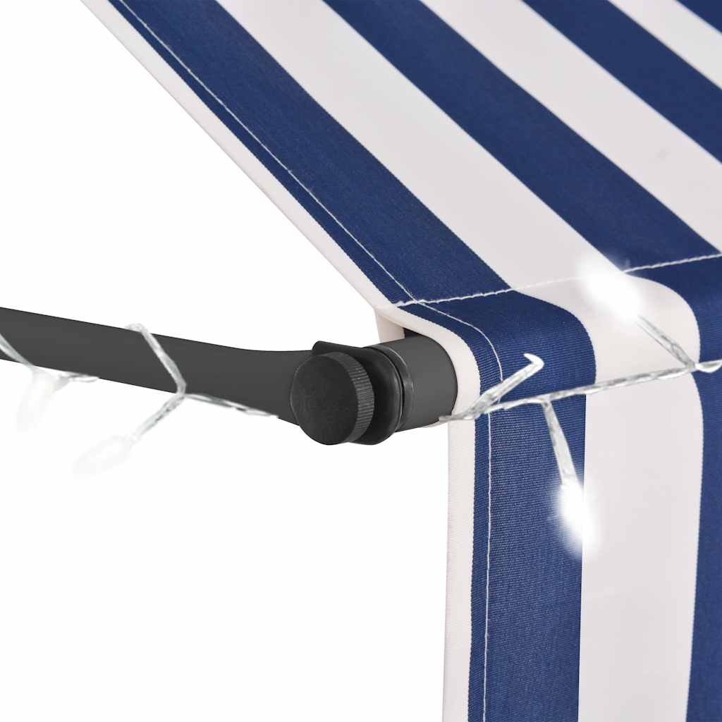 Retractable manual awning with LED, blue and white, 150cm