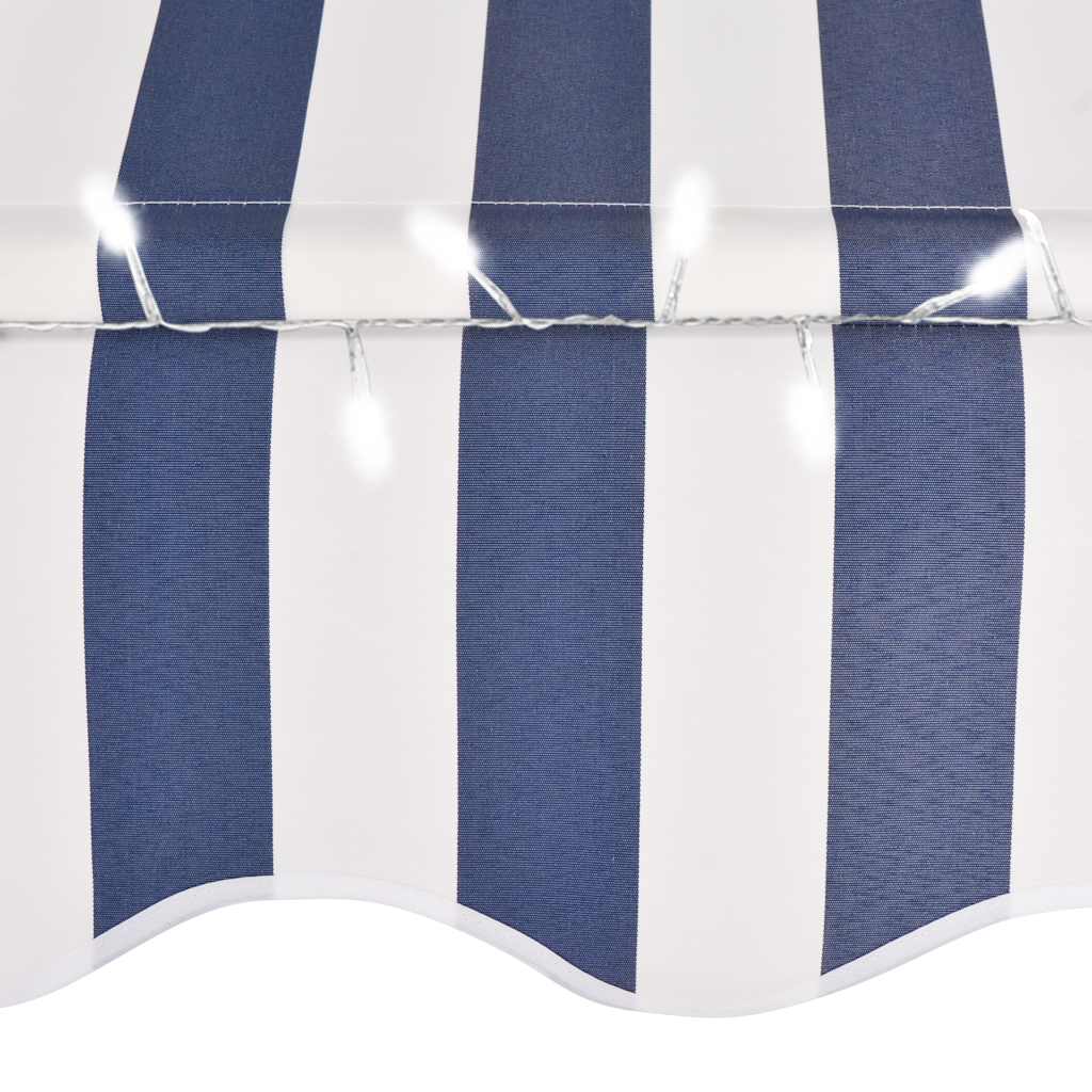 Retractable manual awning with LED, blue and white, 150cm