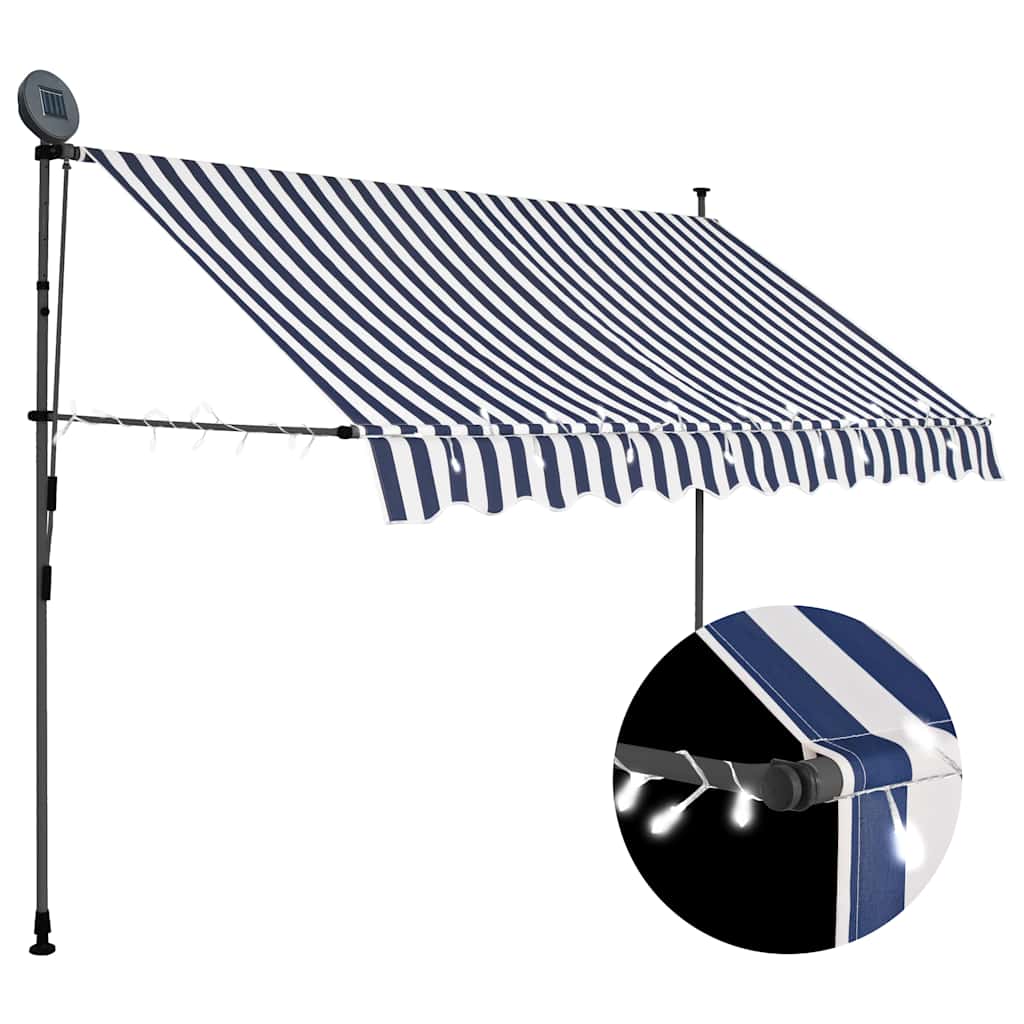 Manual Retractable Awning with LED, Blue and White, 250cm