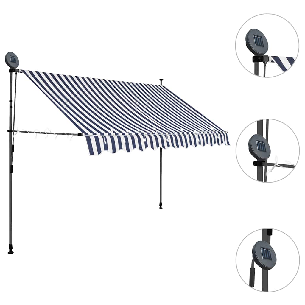 Manual Retractable Awning with LED, Blue and White, 250cm