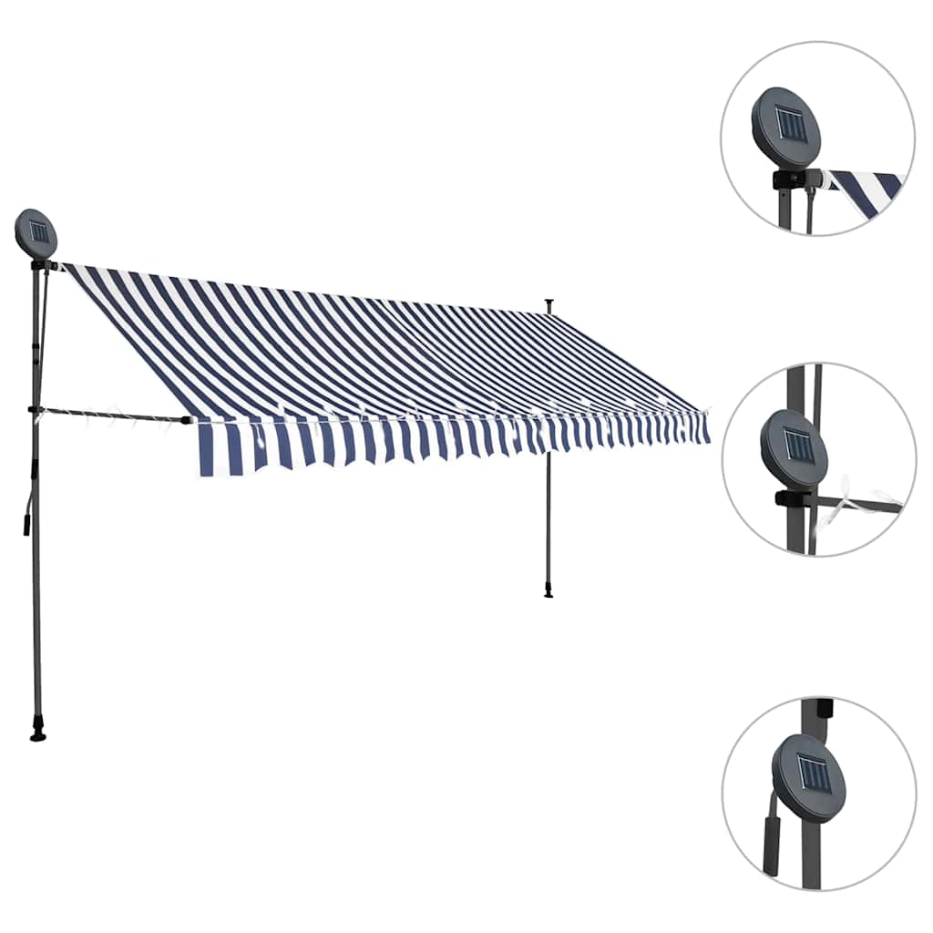 Rankinė ištraukiama markizė su LED, mėlyna ir balta, 350cm