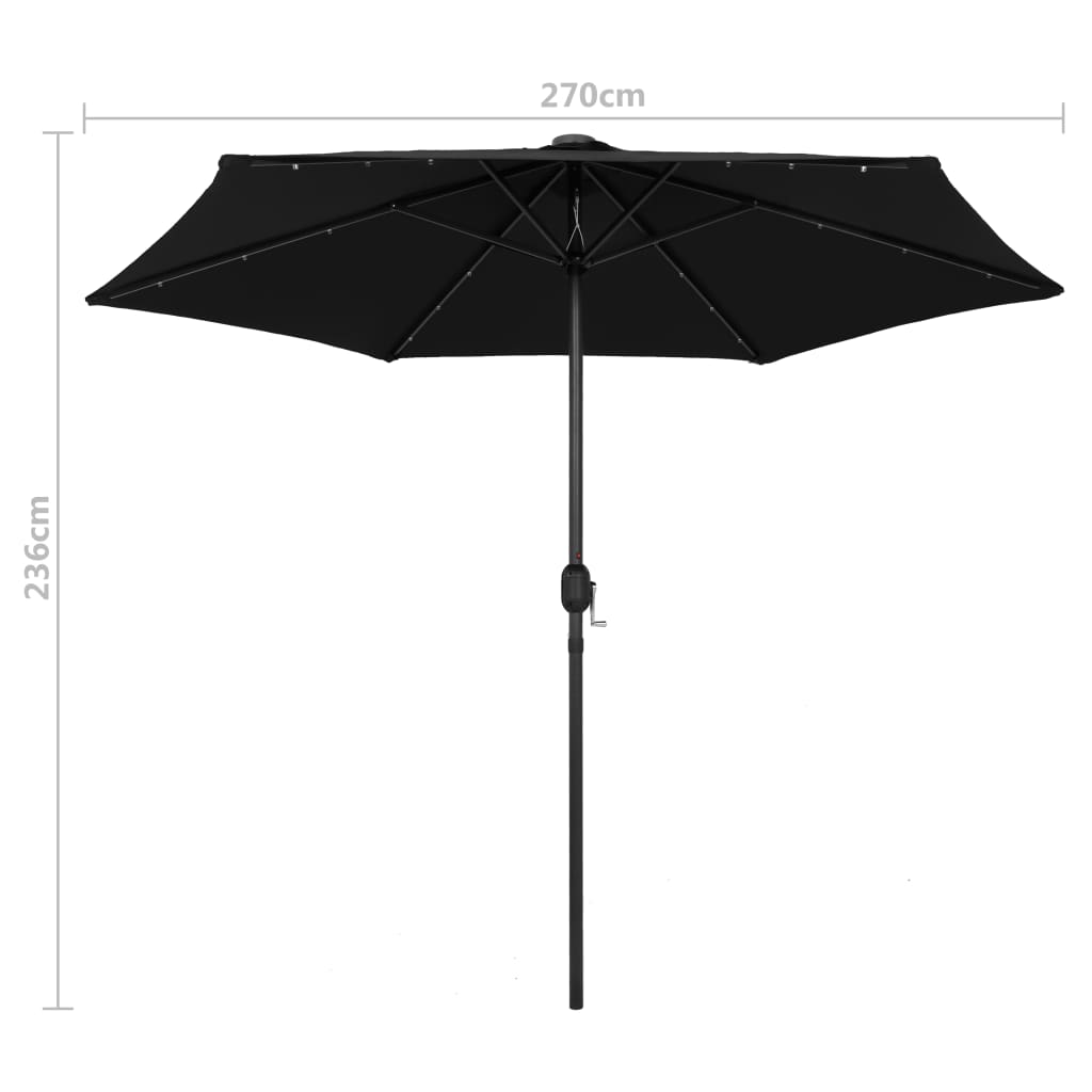 Sodo skėtis su LED ir aliuminio stulpu, juodas, 270cm