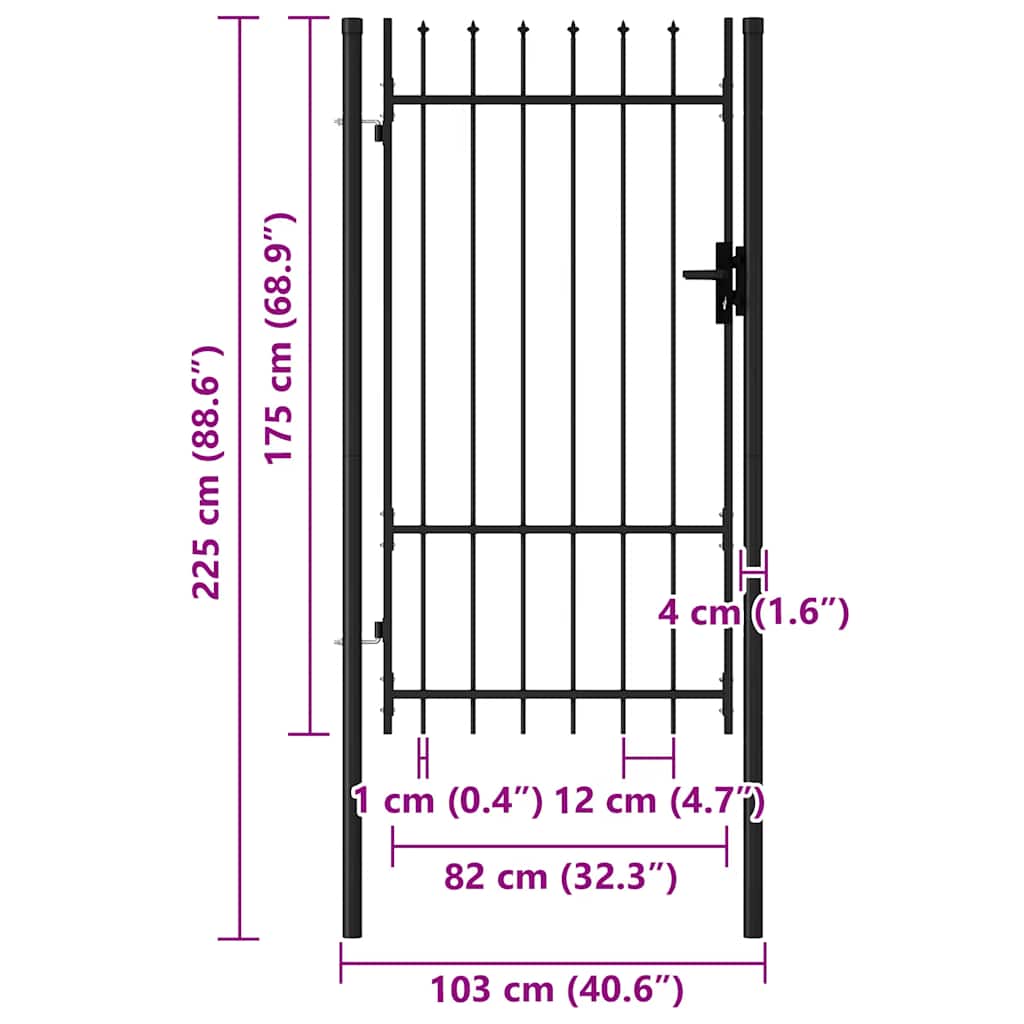 Tvoros vartai BOXTEL, vienvėrės durys su smaigaliais, plienas, 1x1,75 m, juodi