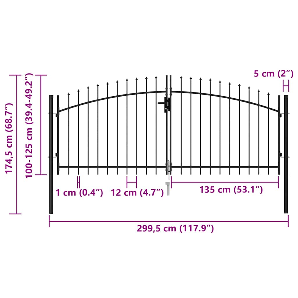 Vartai su smailiais viršugaliais, juodi, 3x1,25m, plienas