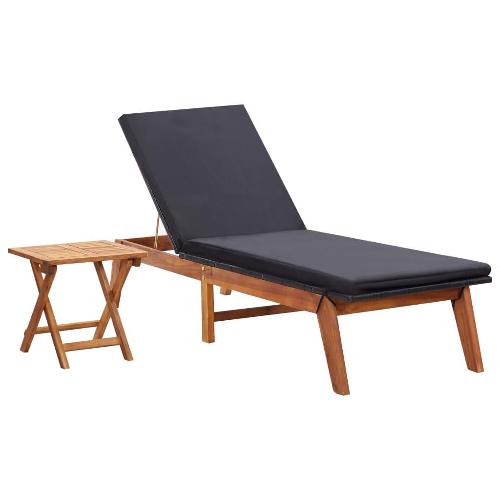 Sunlounger with table, poly rattan and solid acacia wood