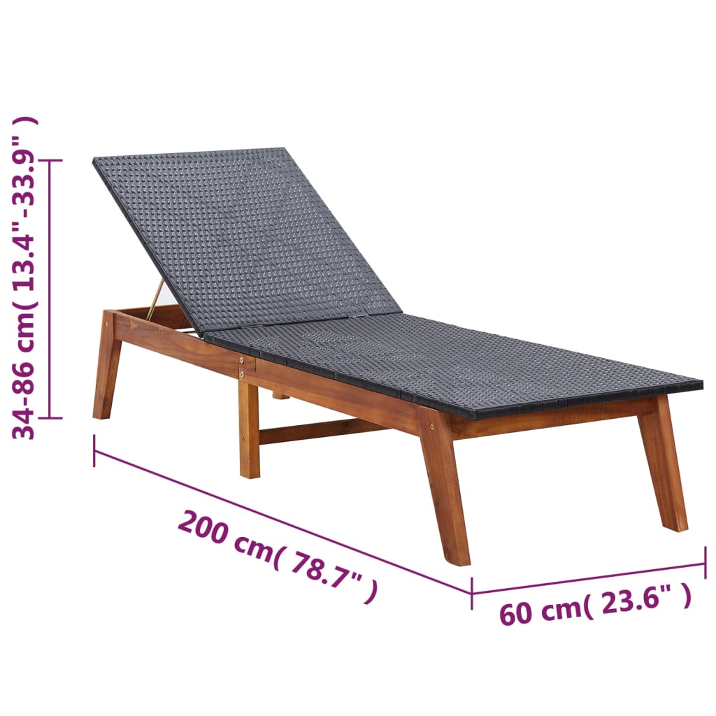 Sunlounger with table, poly rattan and solid acacia wood