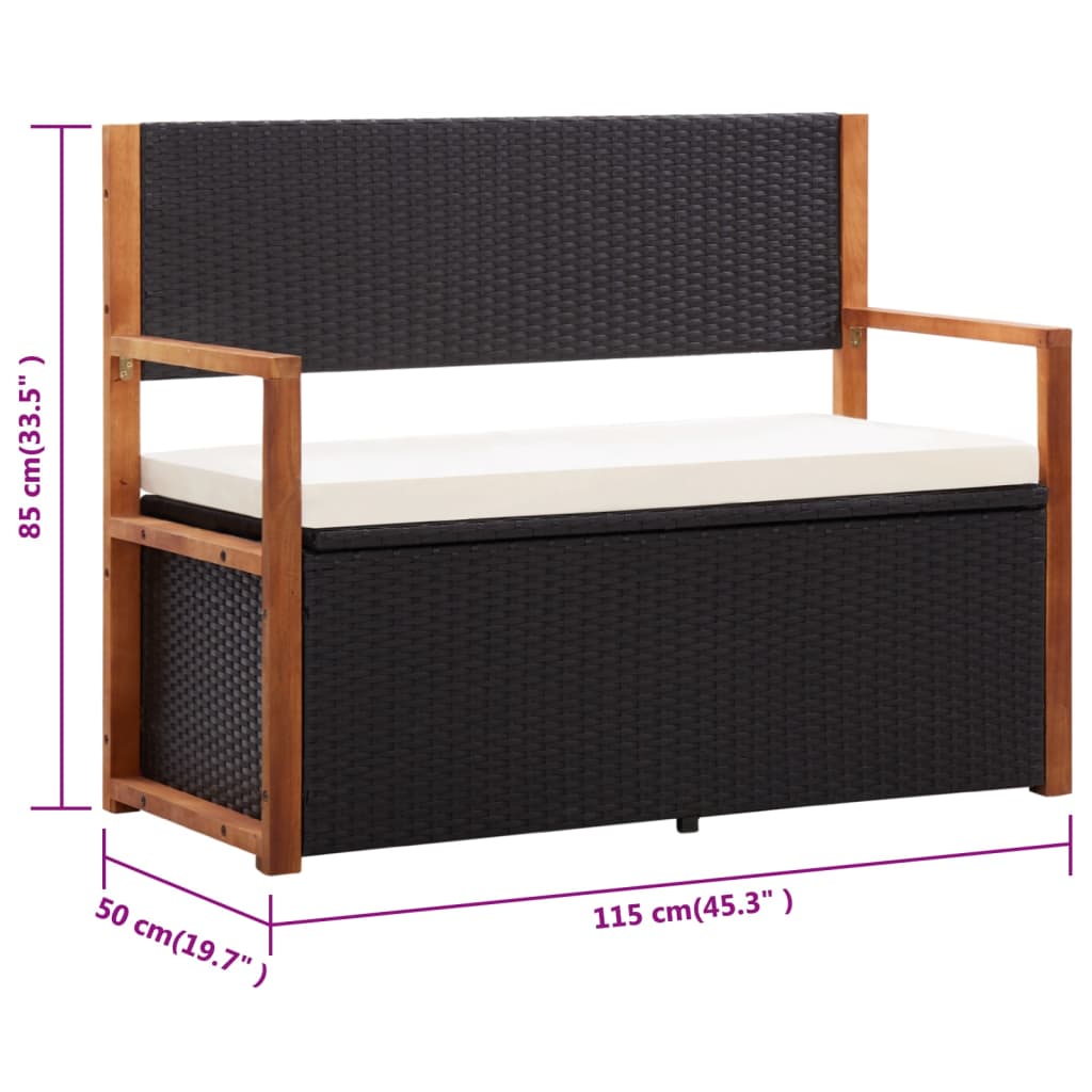 Suoliukas-daiktadėžė, juodas, 115cm, poliratanas ir akacija