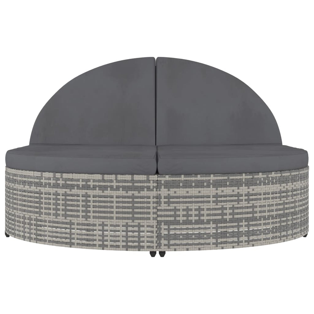 Two-seater sun lounger with cushions, grey, poly rattan