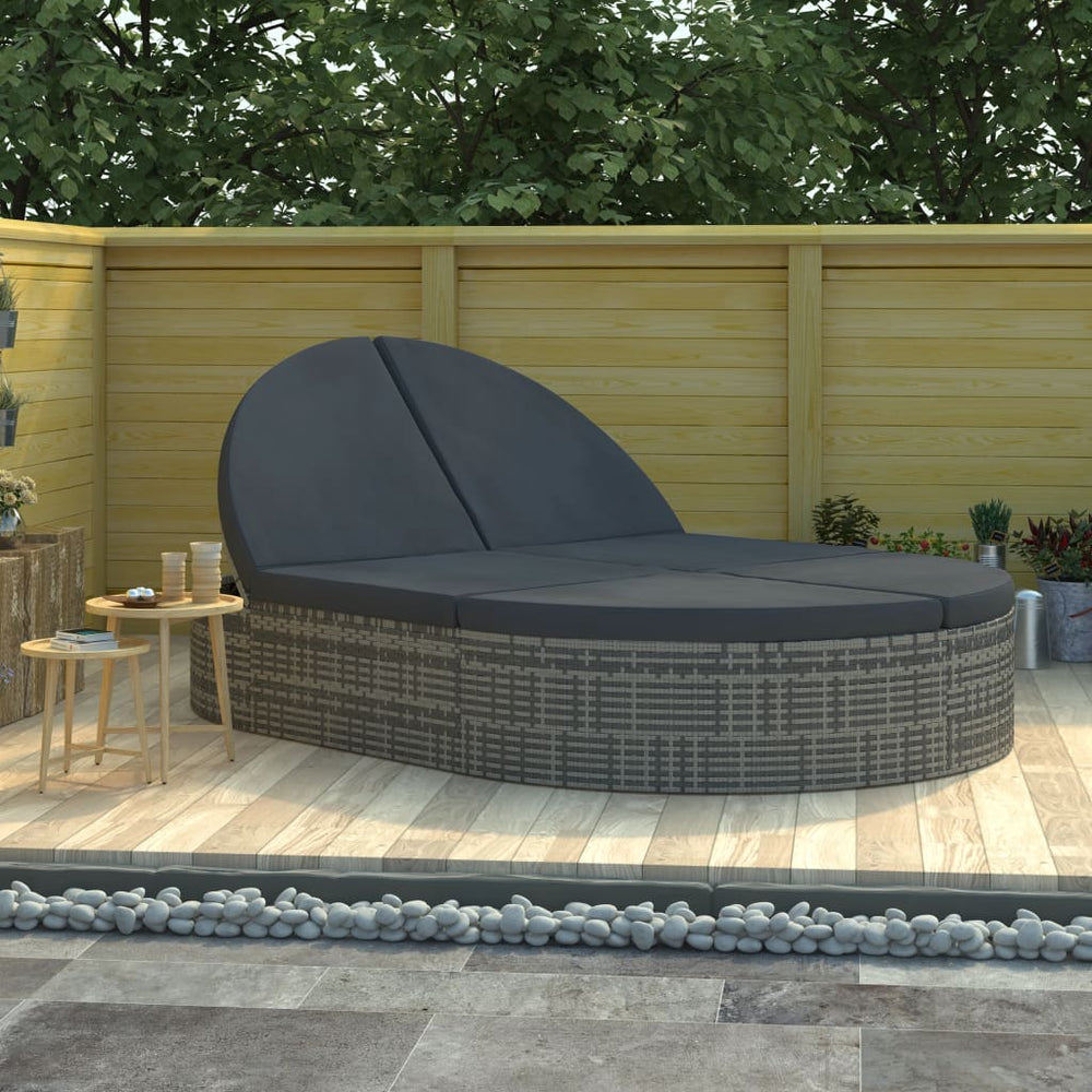 Two-seater sun lounger with cushions, grey, poly rattan