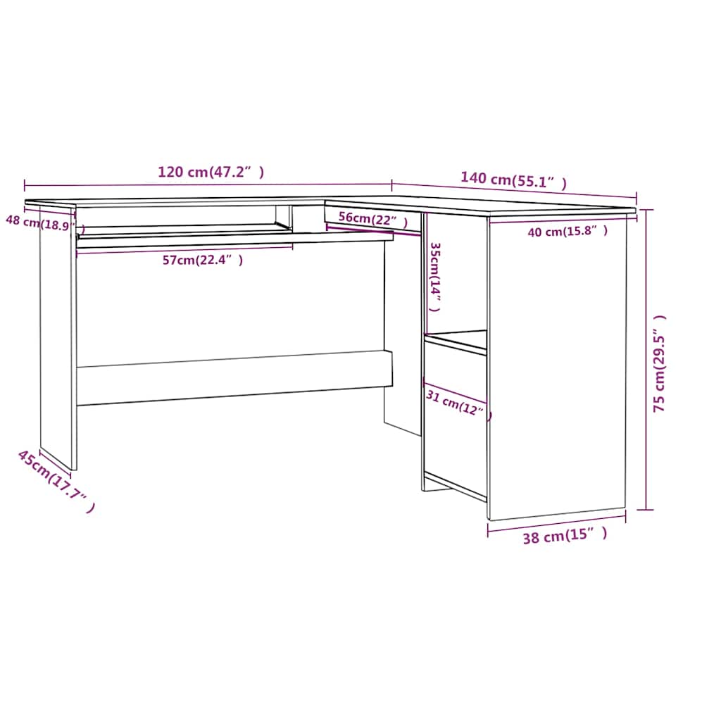 Kampinis stalas, baltas, 120x140x75cm, mediena, L formos
