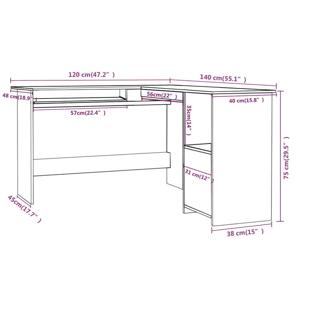 Kampinis stalas, juodas, 120x140x75cm, MDP, L formos, blizgus