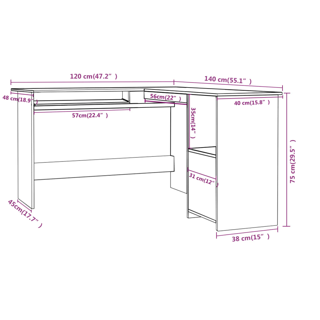 Kampinis stalas, pilkas, 120x140x75cm, MDP, L formos, blizgus