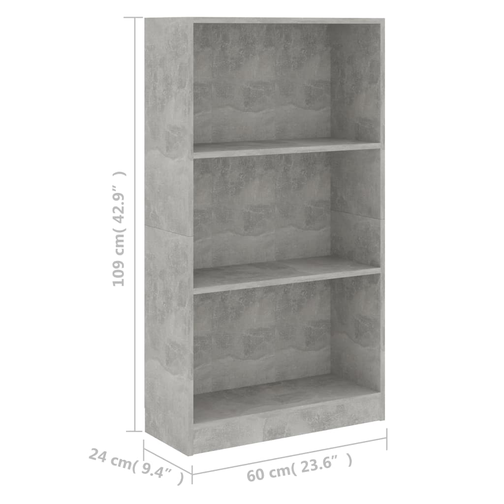 Bookcase, 3 shelves, concrete, 60x24x109cm, wood