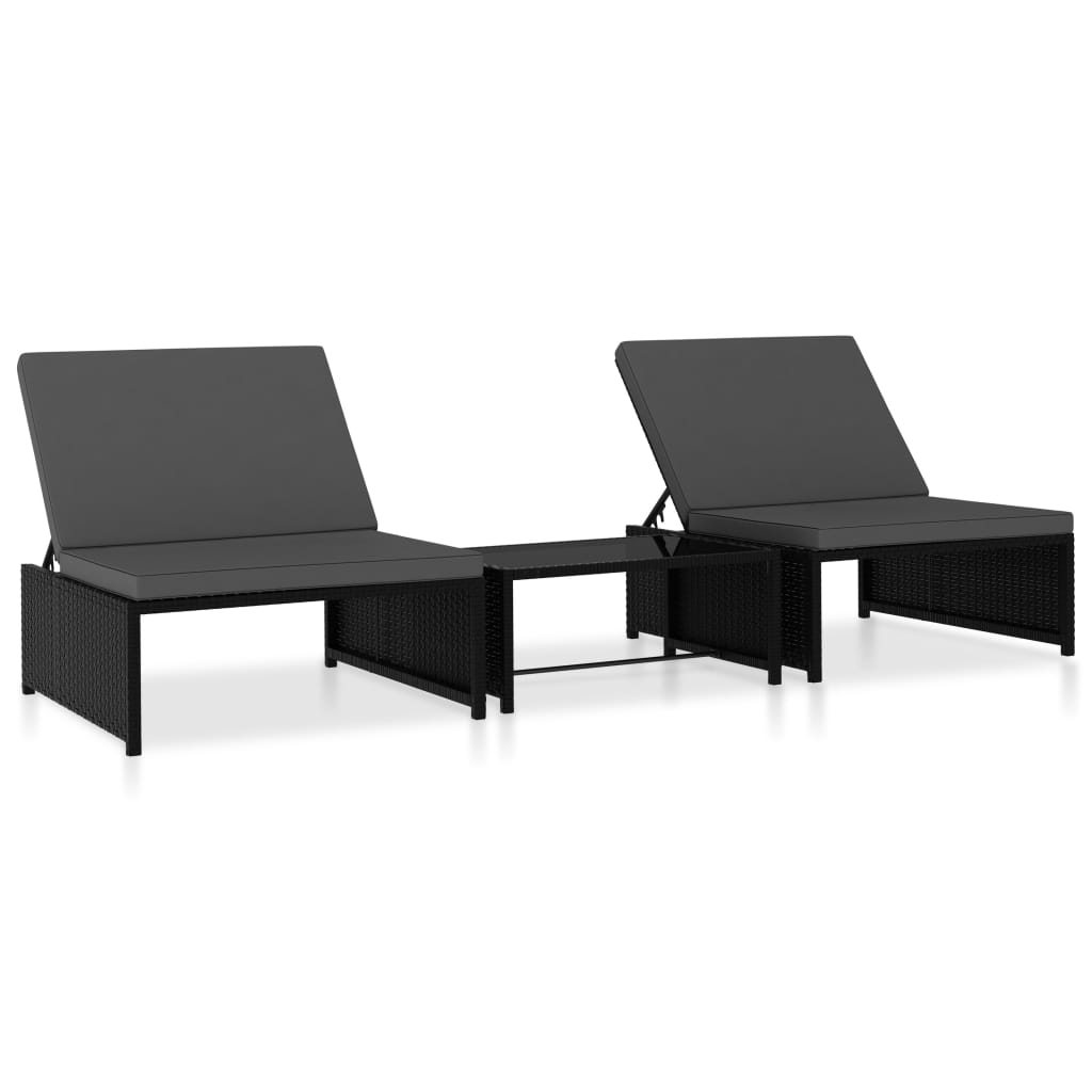 Sun loungers with table, 2 pcs., black, poly rattan