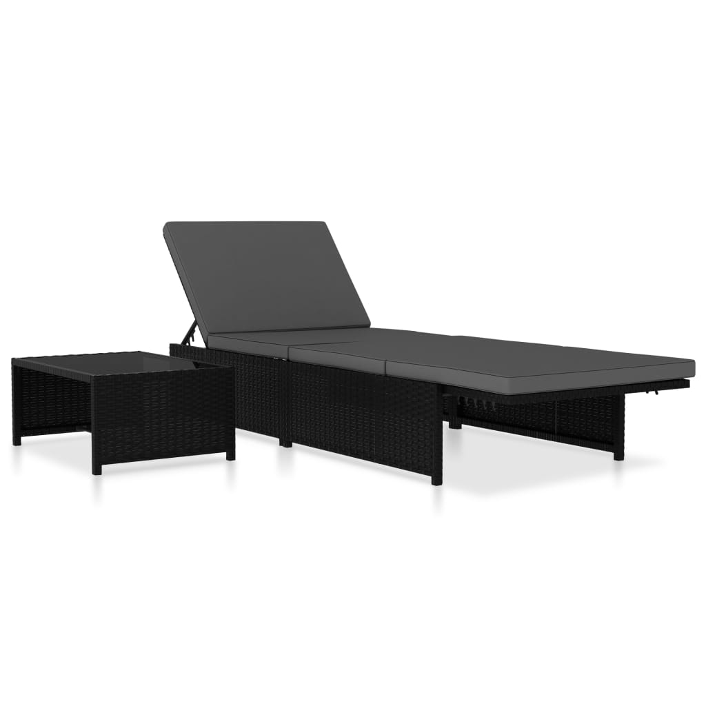 Sun loungers with table, 2 pcs., black, poly rattan