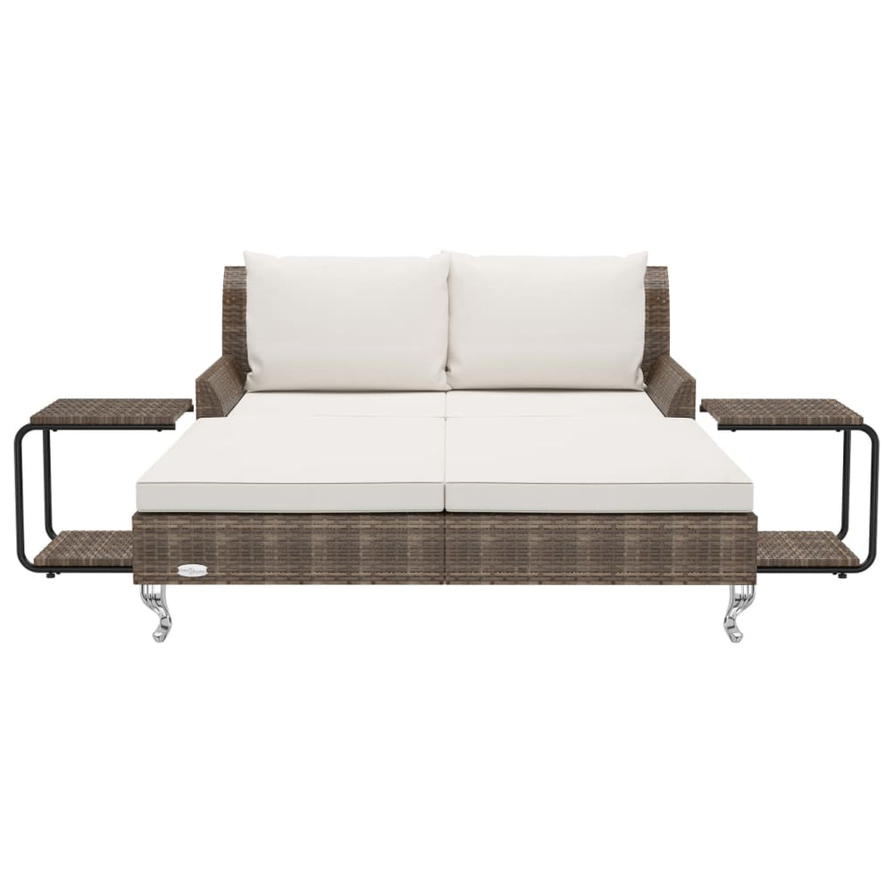Two-seater sun lounger with cushions, brown, poly rattan