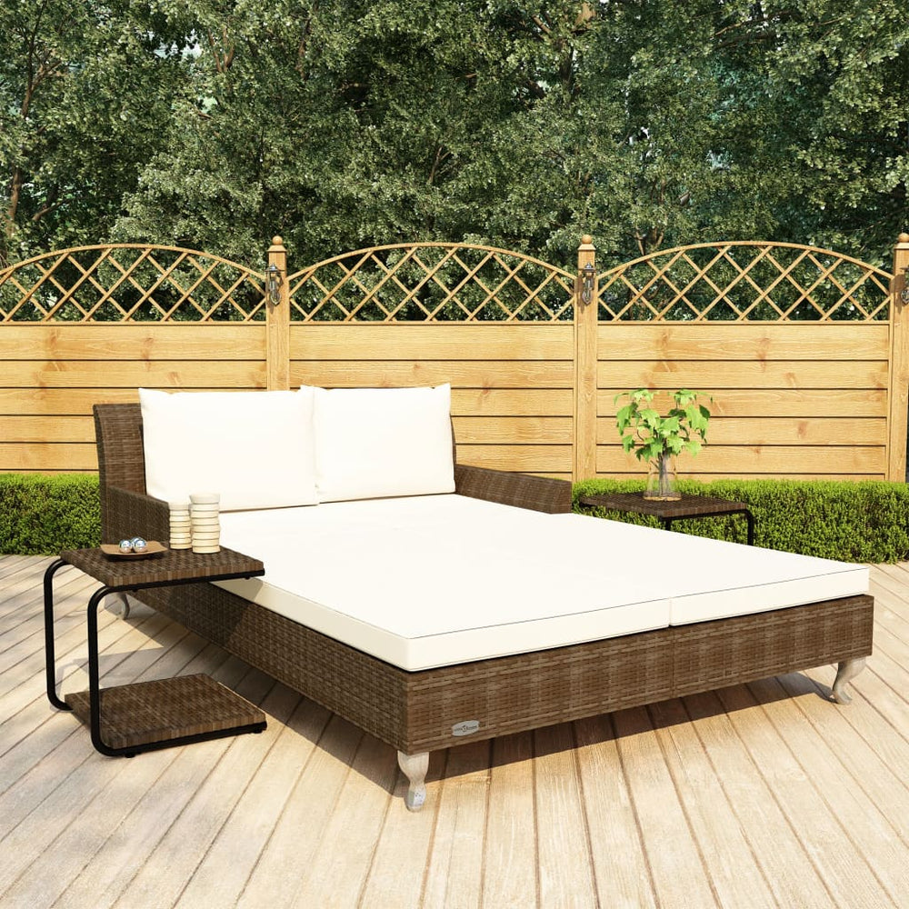 Two-seater sun lounger with cushions, brown, poly rattan