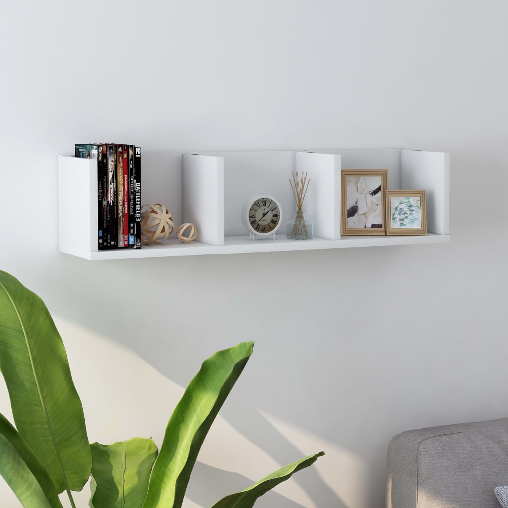 Wall-mounted CD shelf, white, 75x18x18cm, engineered wood