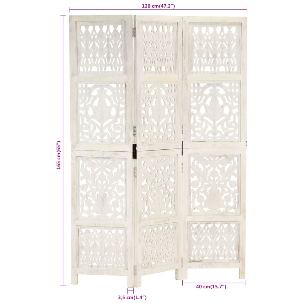 Room divider, 3-panel, white, 120x165cm, solid mango wood