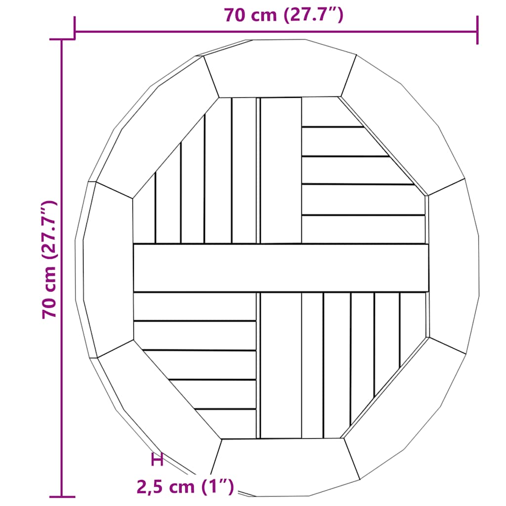 Stalviršis, 70cm, tikmedžio medienos masyvas, apskritas, 2,5cm