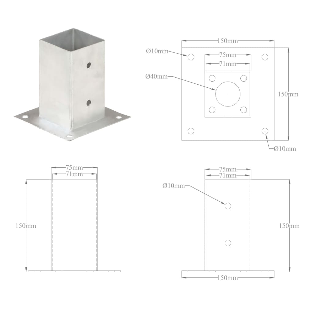 Post bases, 4 pcs, galvanized metal, 71mm