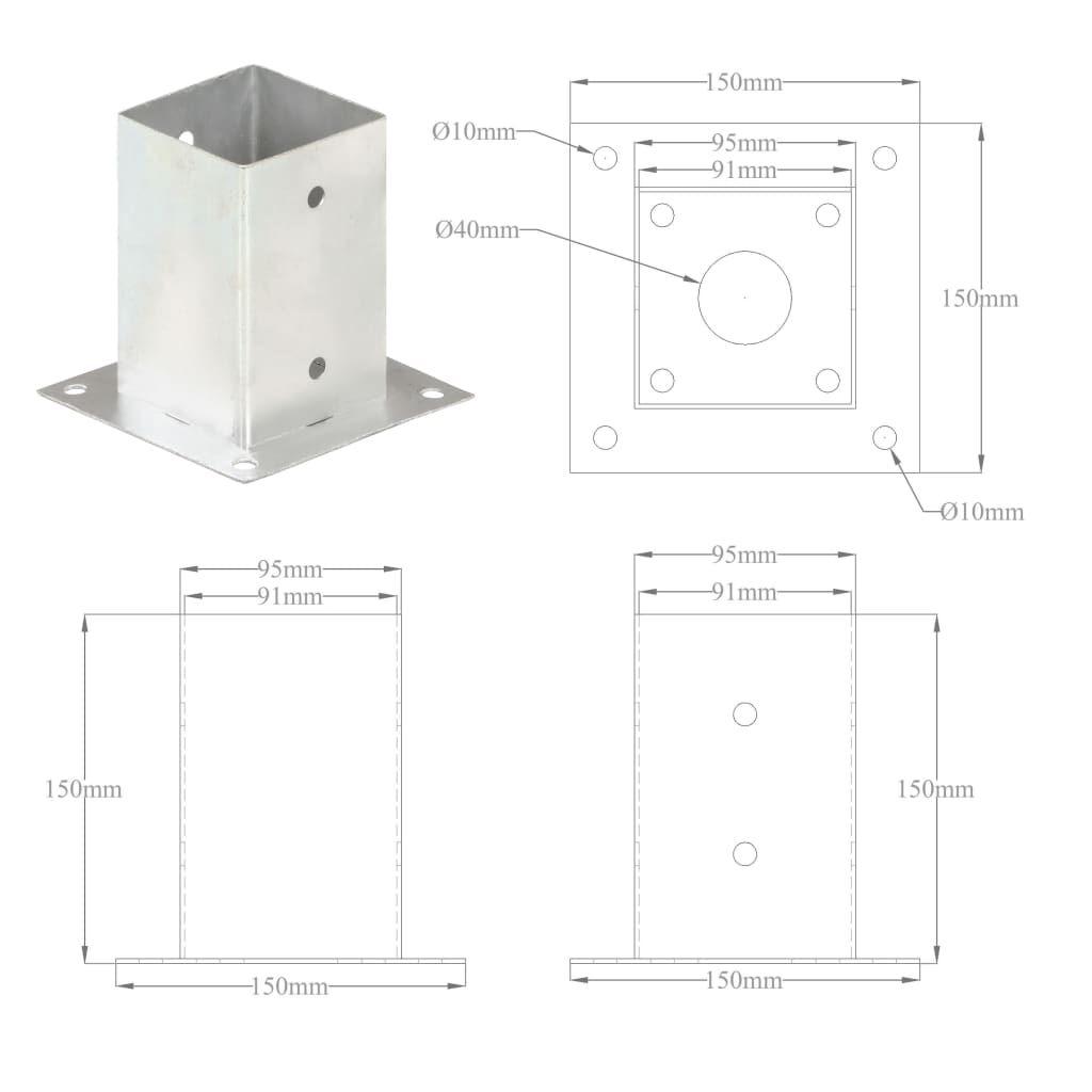 Stulpų pagrindai, 4vnt., galvanizuotas metalas, 91mm