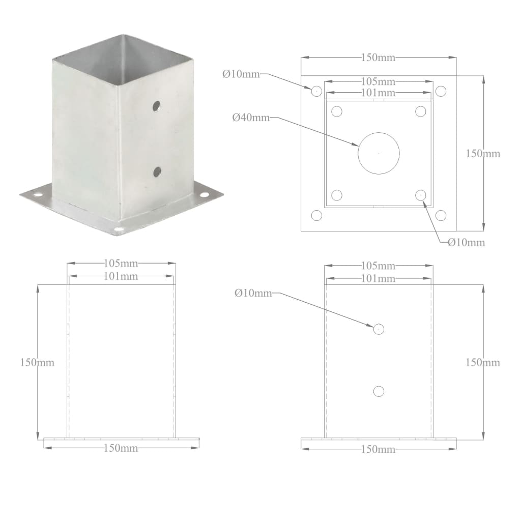 Stulpų pagrindai, 4vnt., galvanizuotas metalas, 101mm