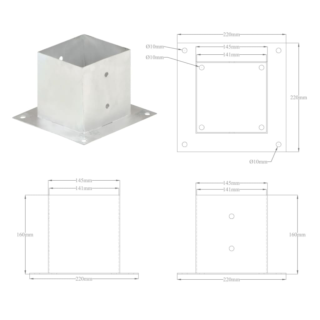 Post bases, 4 pcs, galvanized metal, 141mm