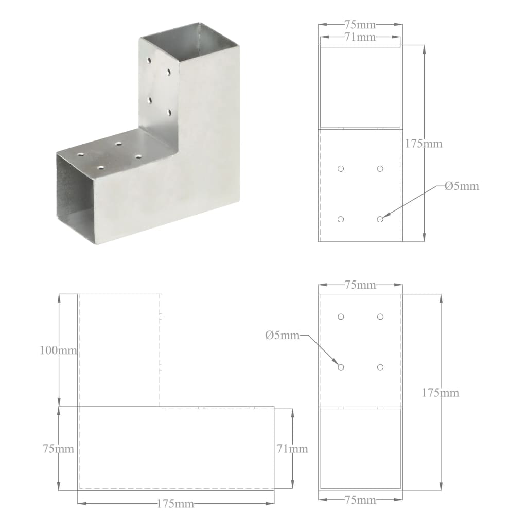 Stulpų sujungimai, 4vnt., 71x71mm, metalas, L formos