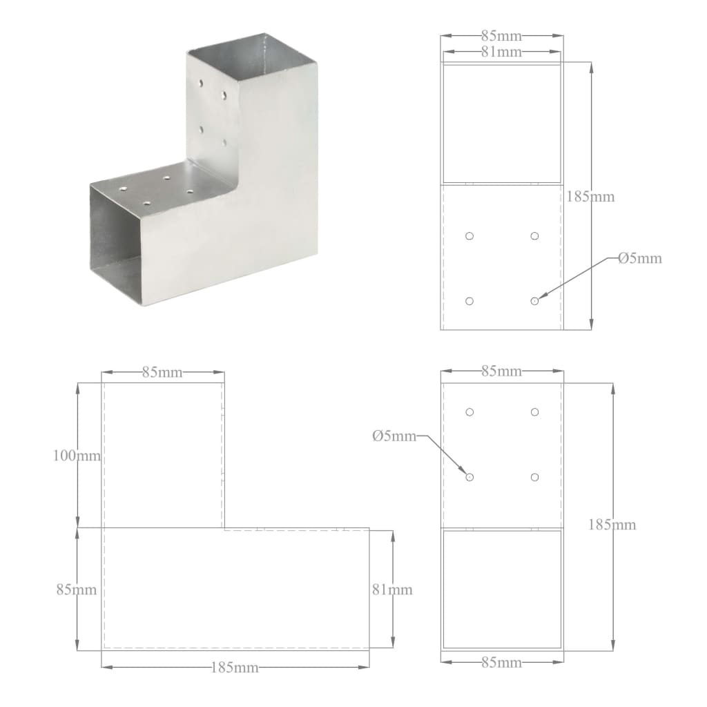 Post connectors, 4 pcs, 81x81mm, metal, L-shaped