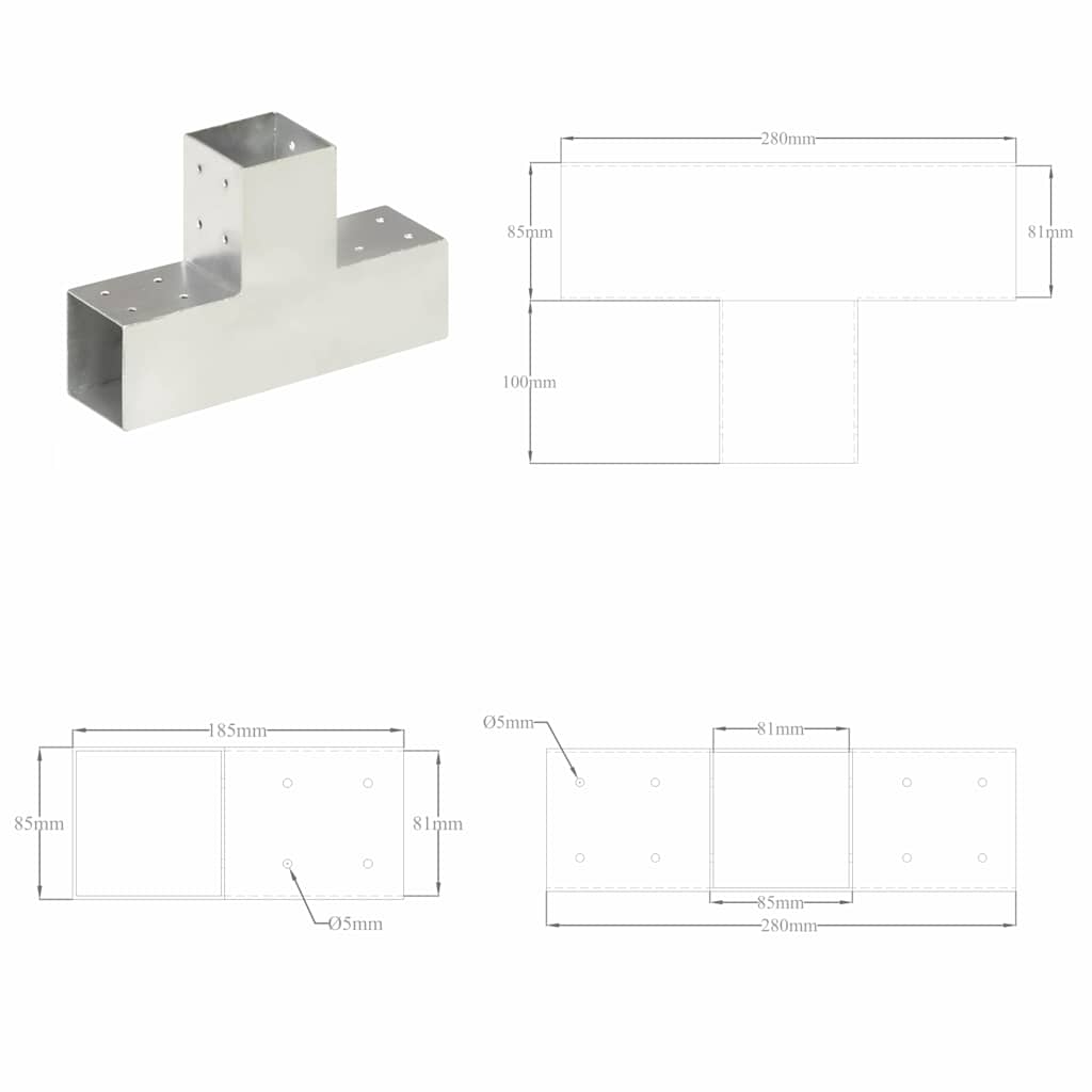 Stulpo sujungimas, 81x81mm, galvanizuotas metalas, T formos