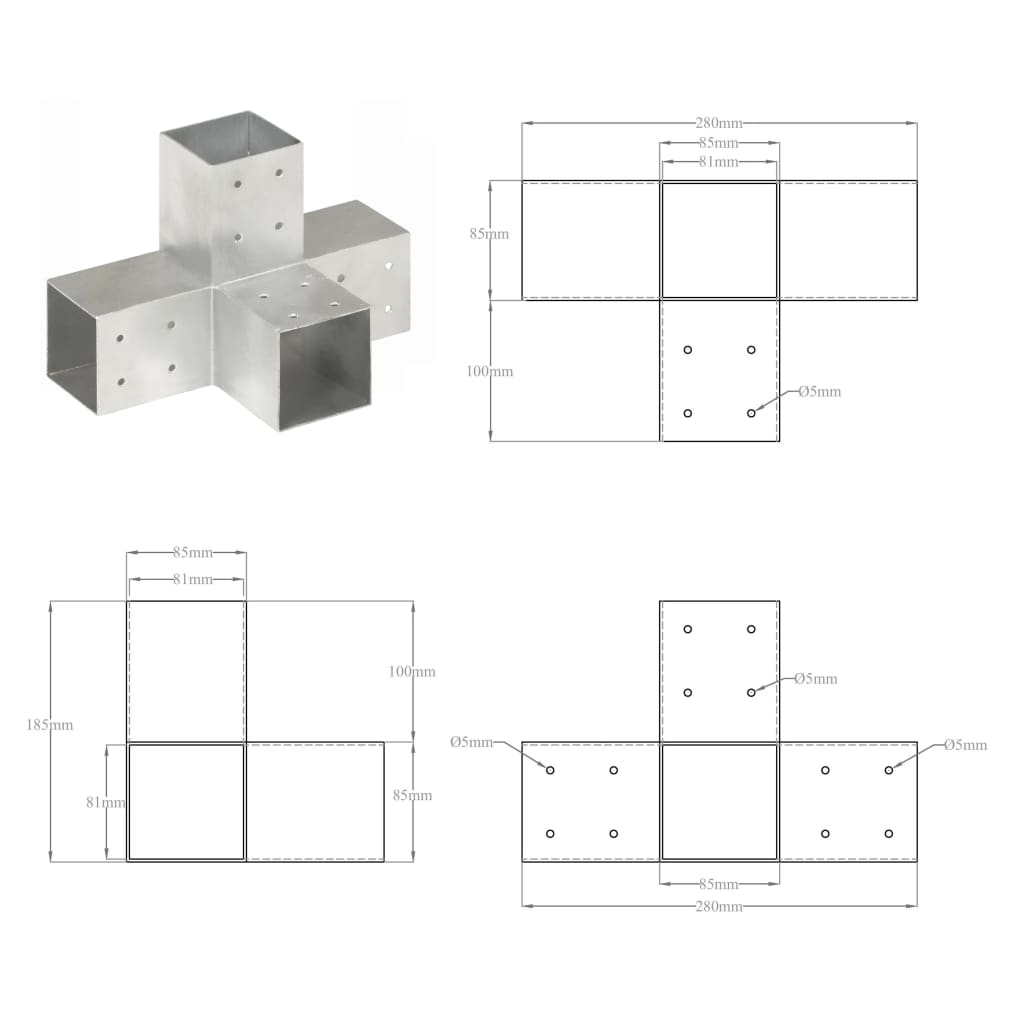 Stulpo sujungimas, 81x81mm, galvanizuotas metalas, X formos
