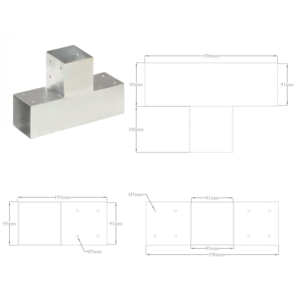 Post connectors, 4 pcs, 91x91mm, metal, T-shaped