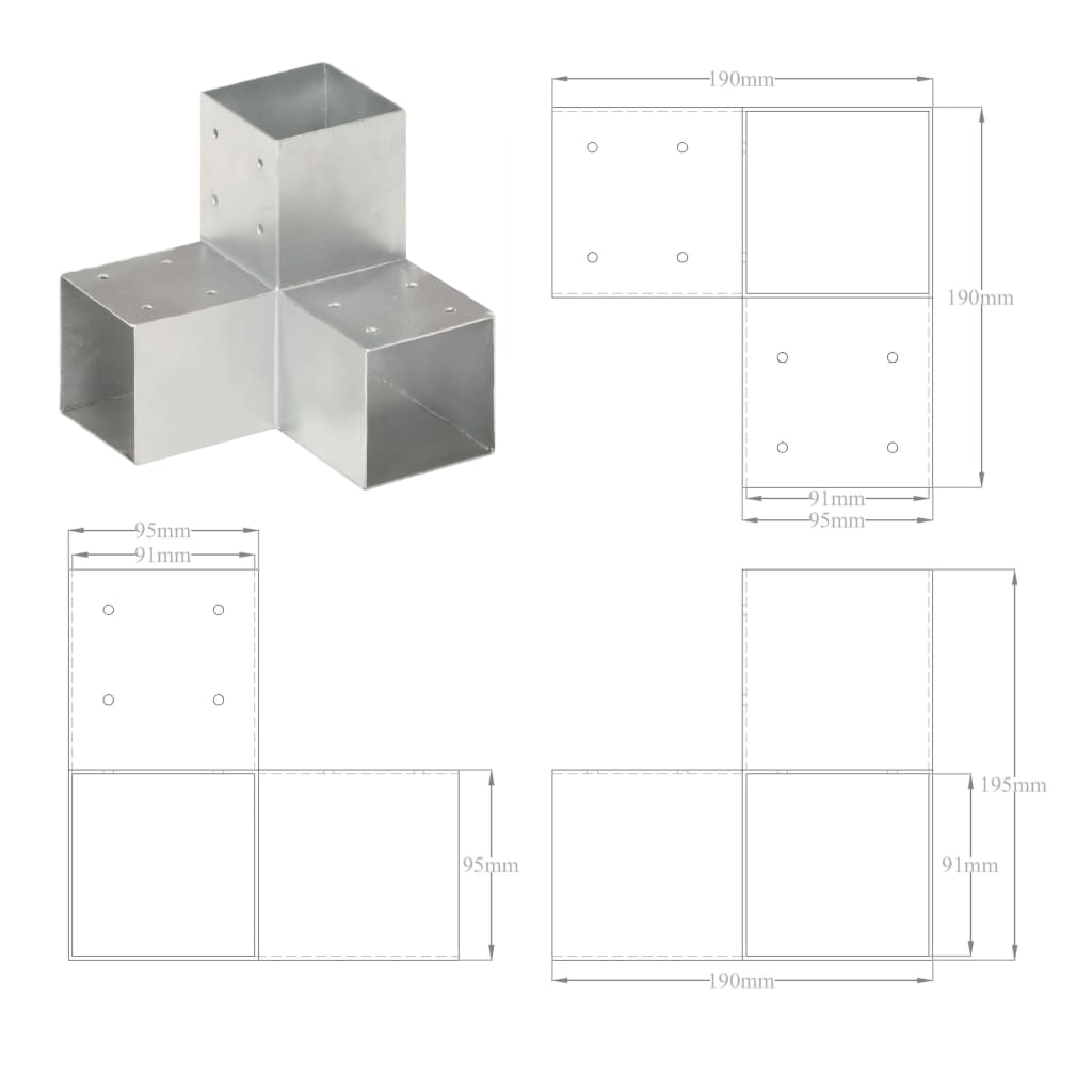 Post connectors, 4 pcs, 91x91mm, metal, Y-shaped