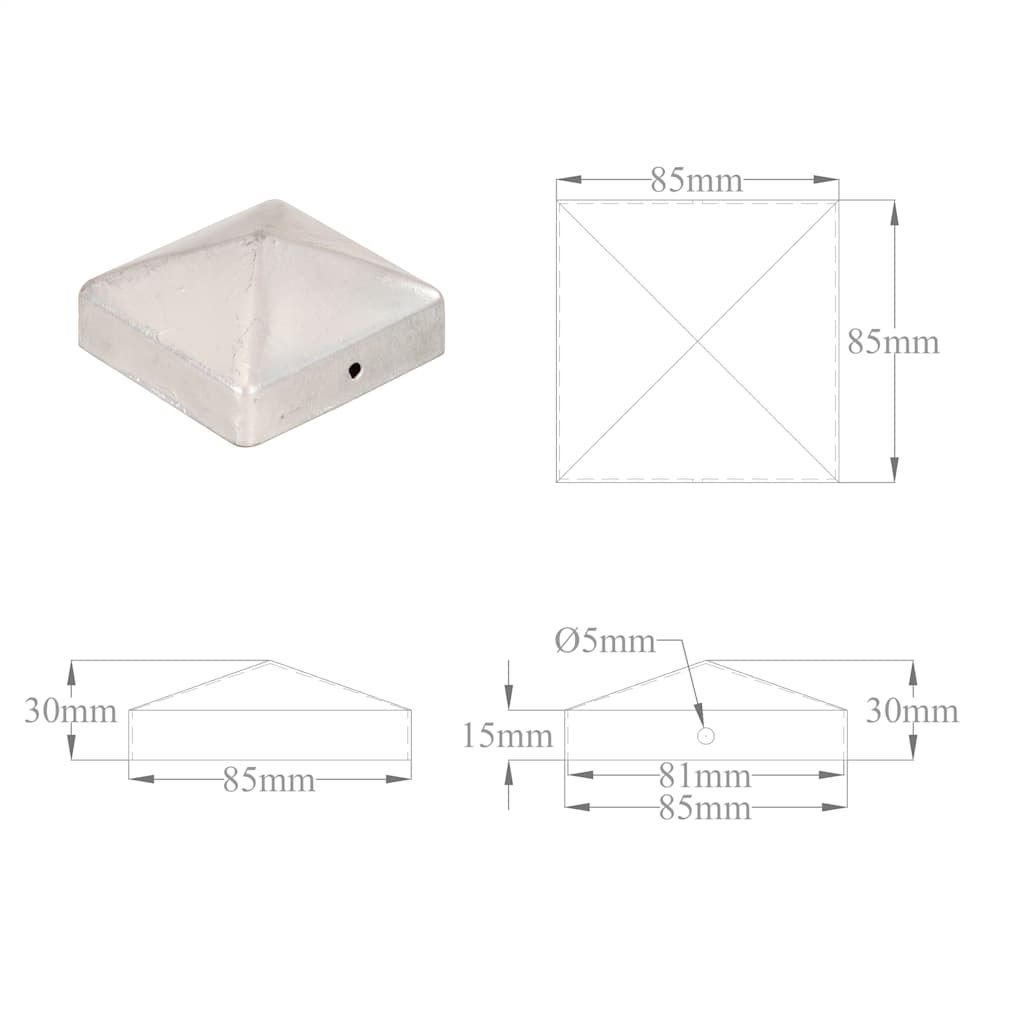 Tvoros stulpų dangteliai, 6vnt., 81x81mm, galvanizuotas metalas