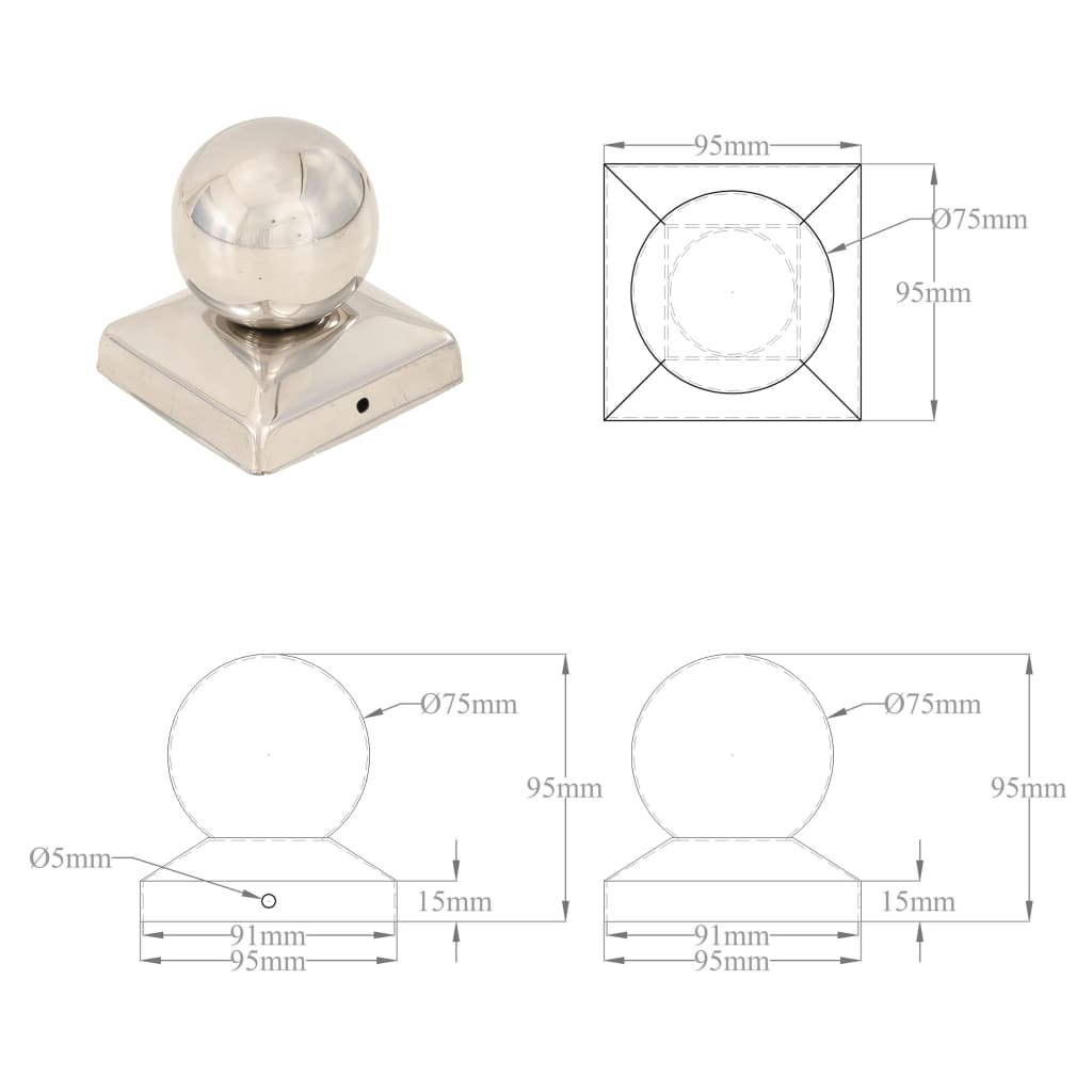Post caps, 6 pcs., 91x91mm, stainless steel