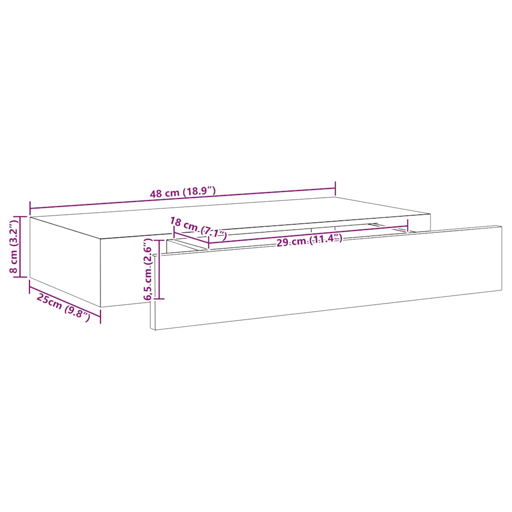 Wall-mounted shelf with a drawer, black, 48x25x8cm