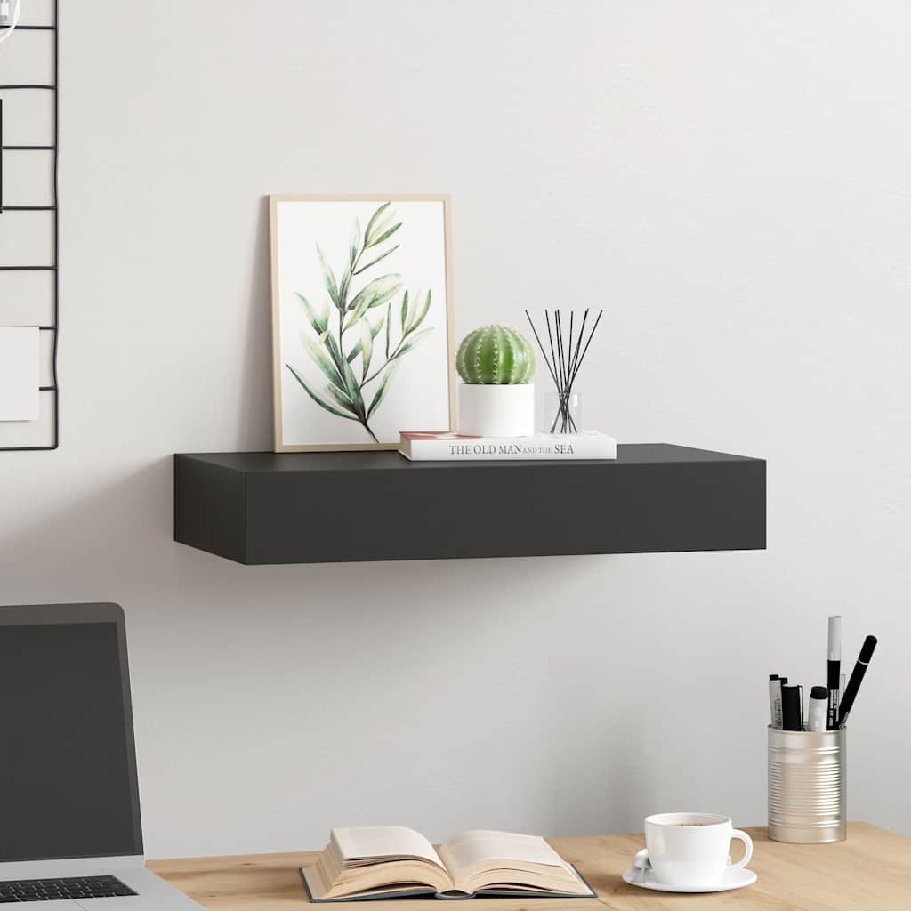 Wall-mounted shelf with a drawer, black, 48x25x8cm