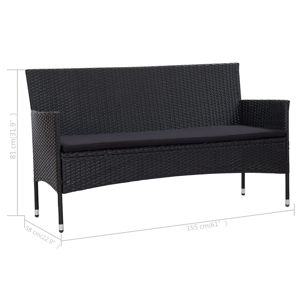 Trivietė sodo sofa su pagalvėlėmis, juodos spalvos, poliratanas